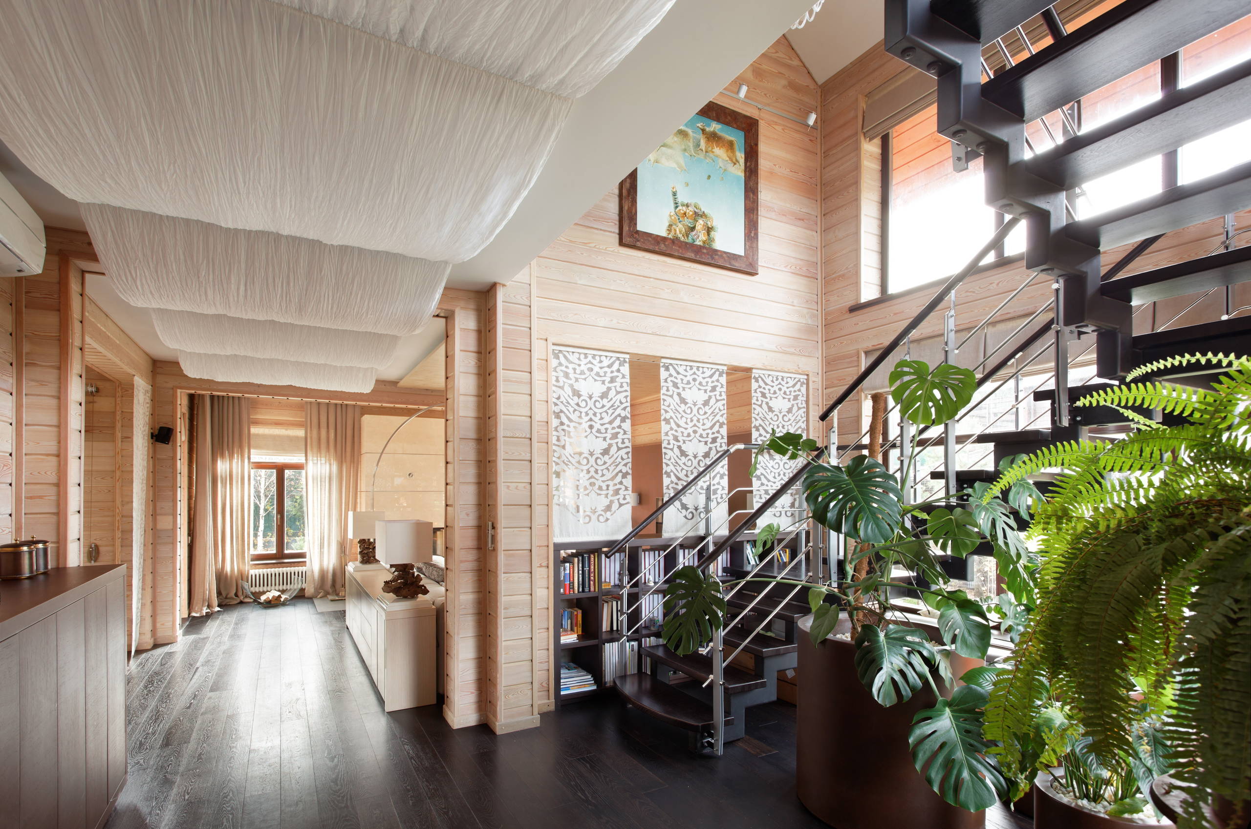 Идеи дизайна интерьера деревянного дома из бруса, фото с примерами