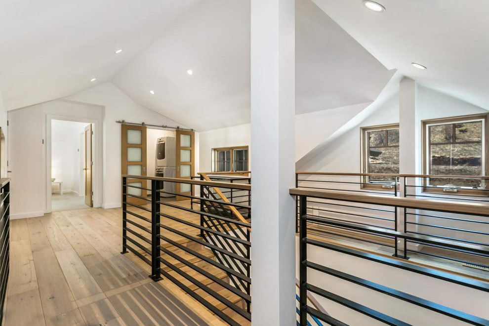 Источник вдохновения для домашнего уюта: большой коридор в стиле модернизм с белыми стенами, светлым паркетным полом и коричневым полом