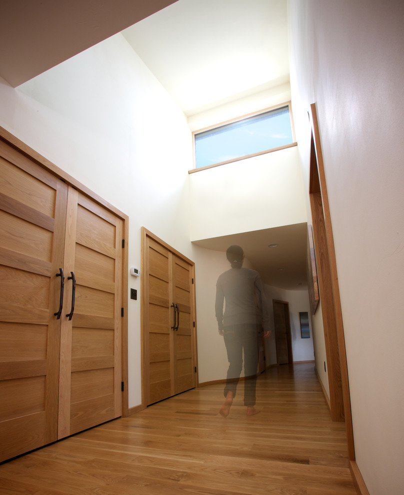 Источник вдохновения для домашнего уюта: коридор в современном стиле с белыми стенами и паркетным полом среднего тона