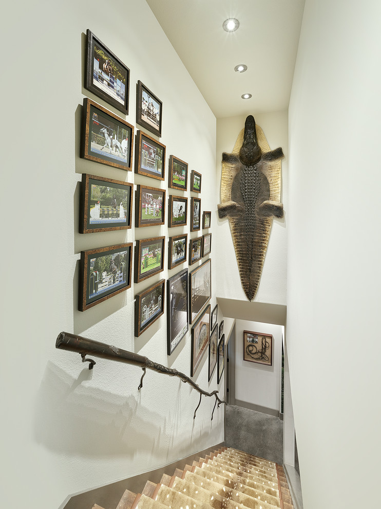 ダラスにある高級な小さなサンタフェスタイルのおしゃれな廊下 (ベージュの壁、カーペット敷き、茶色い床) の写真