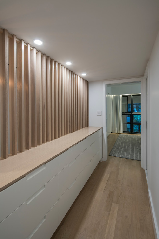 Imagen de recibidores y pasillos modernos de tamaño medio con paredes blancas, suelo de madera en tonos medios y suelo beige