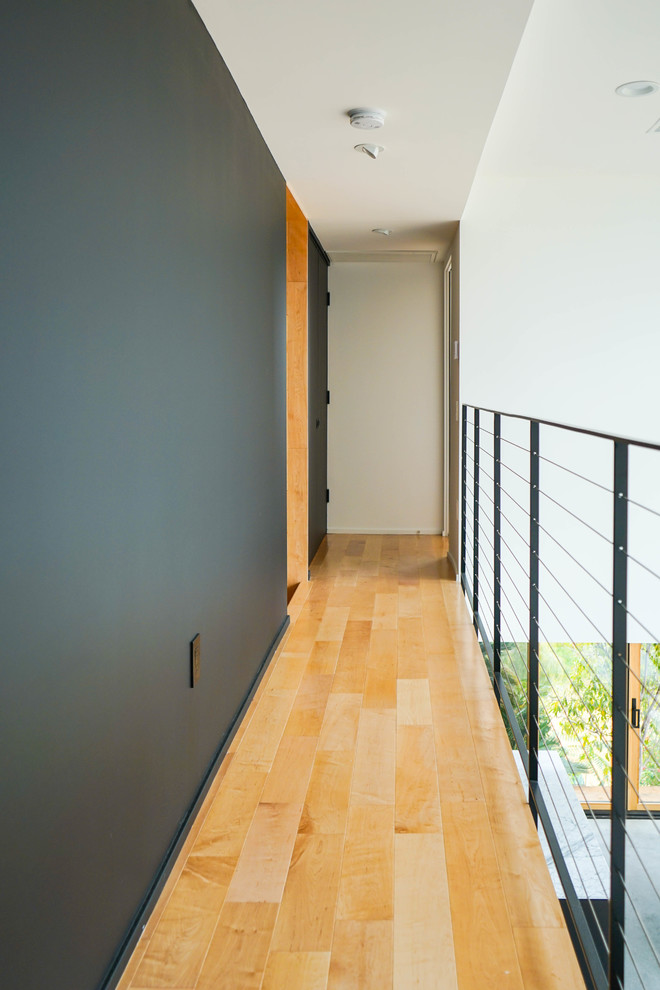 Inspiration for a mid-sized modern light wood floor and brown floor hallway remodel in Los Angeles with black walls