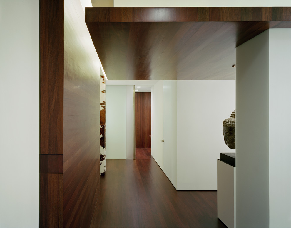 На фото: коридор в стиле модернизм с белыми стенами и темным паркетным полом