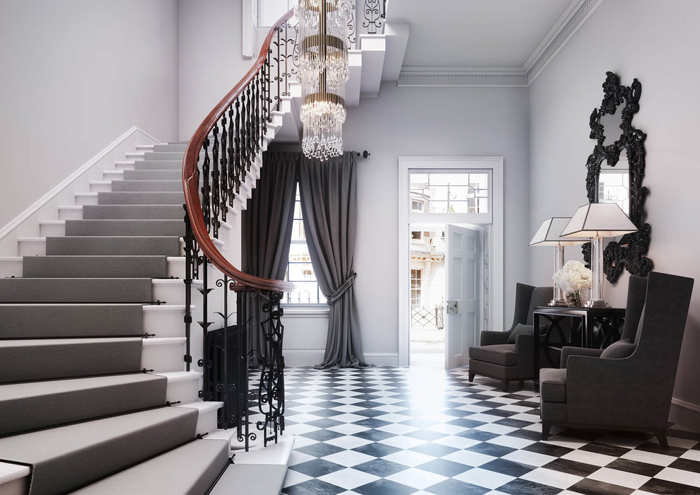 Источник вдохновения для домашнего уюта: большой коридор: освещение в классическом стиле с серыми стенами и разноцветным полом