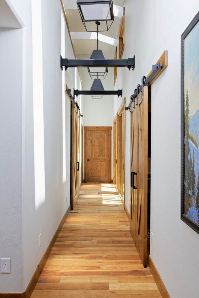 Hallway - mid-sized rustic medium tone wood floor hallway idea in Denver with blue walls
