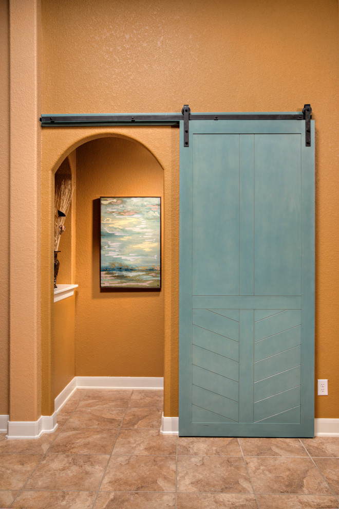 Family Home Hallway with Sliding Barn Door Transitional Hall