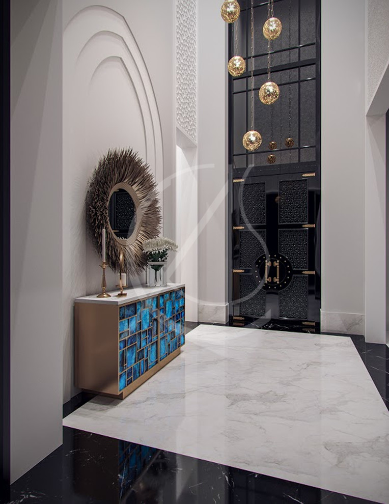 Источник вдохновения для домашнего уюта: коридор в современном стиле с белыми стенами, мраморным полом и белым полом