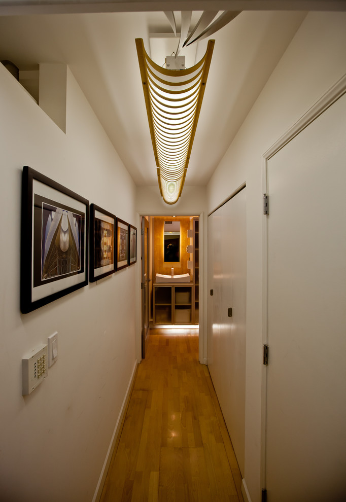Cette photo montre un couloir moderne avec un mur blanc et parquet clair.