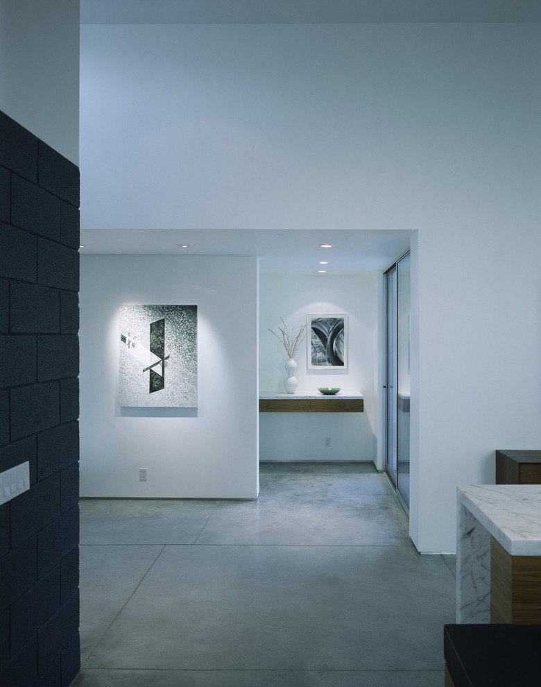 Inspiration for a modern limestone floor hallway remodel in Los Angeles with white walls