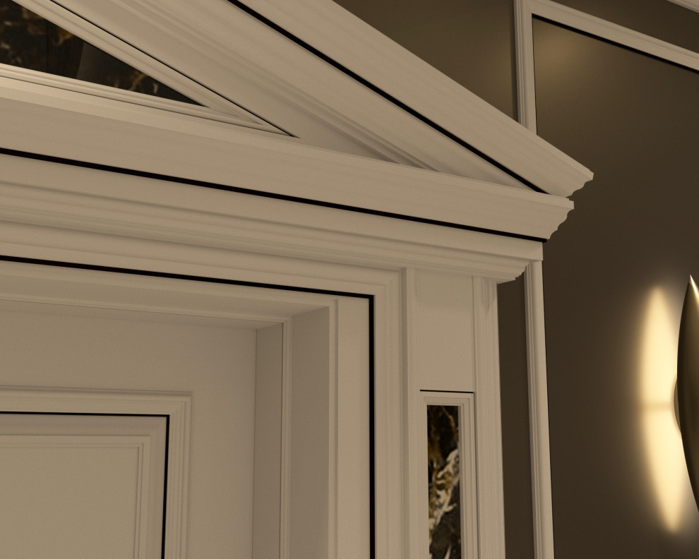 Immagine di un ingresso o corridoio chic con pavimento in marmo, pavimento bianco, soffitto a cassettoni e pannellatura