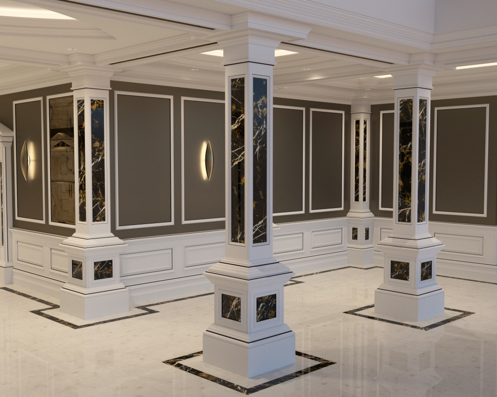 Cette photo montre un couloir chic avec un sol en marbre, un sol blanc, un plafond à caissons et du lambris.