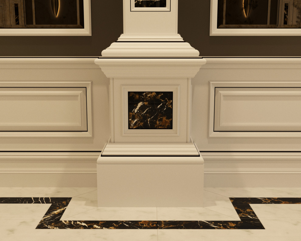 Стильный дизайн: коридор в классическом стиле с мраморным полом, белым полом, кессонным потолком и панелями на части стены - последний тренд