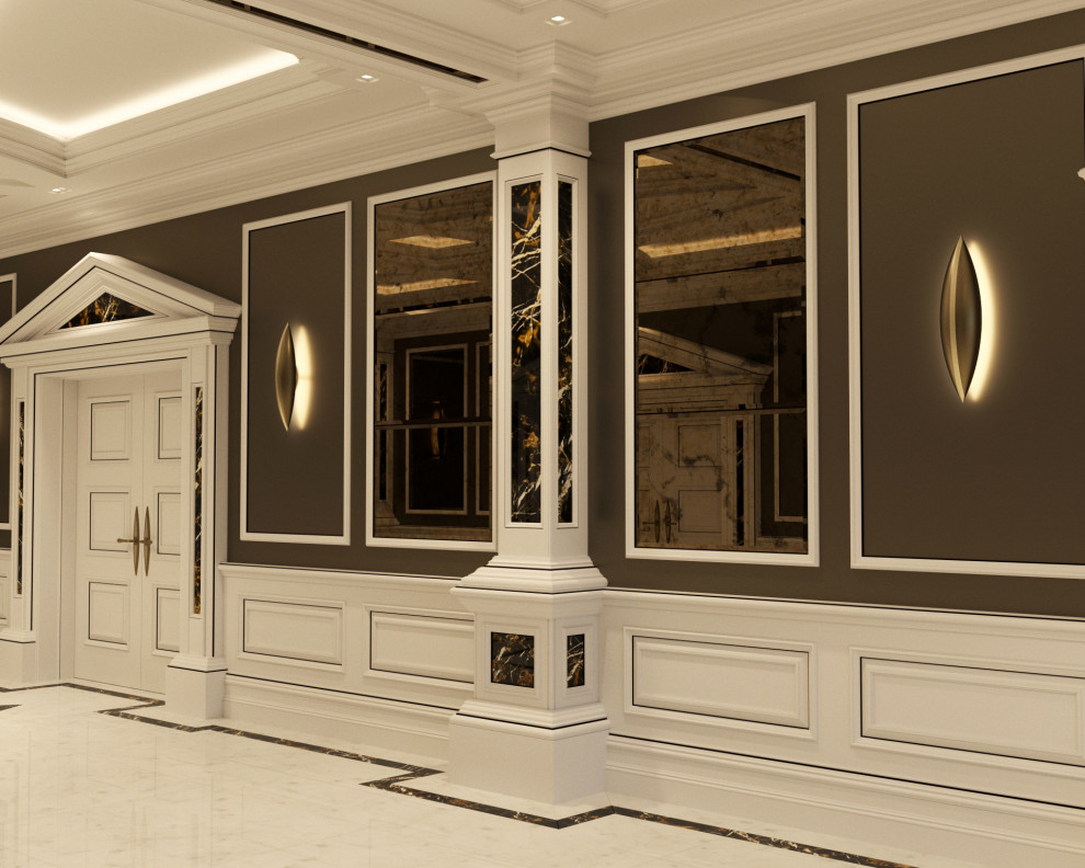 Идея дизайна: коридор в классическом стиле с мраморным полом, белым полом, кессонным потолком и панелями на части стены