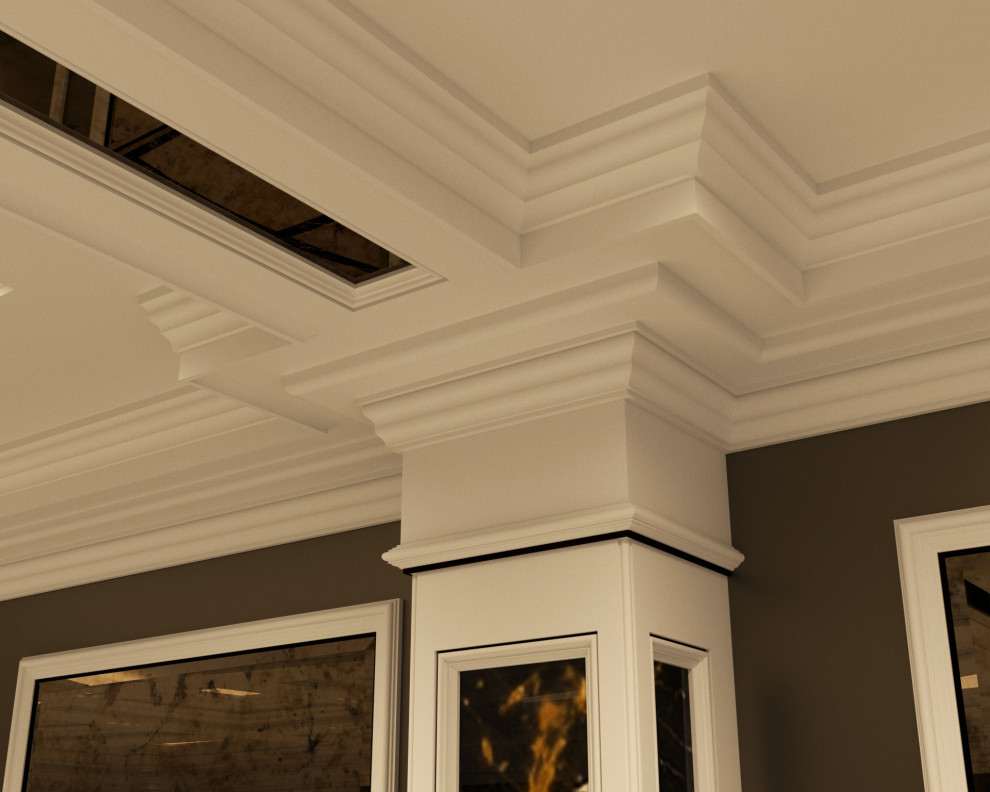 Cette photo montre un couloir chic avec un sol en marbre, un sol blanc, un plafond à caissons et du lambris.