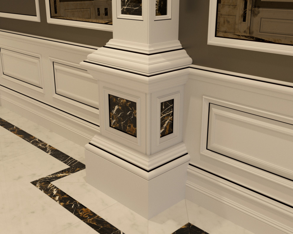 Пример оригинального дизайна: коридор в классическом стиле с мраморным полом, белым полом, кессонным потолком и панелями на части стены