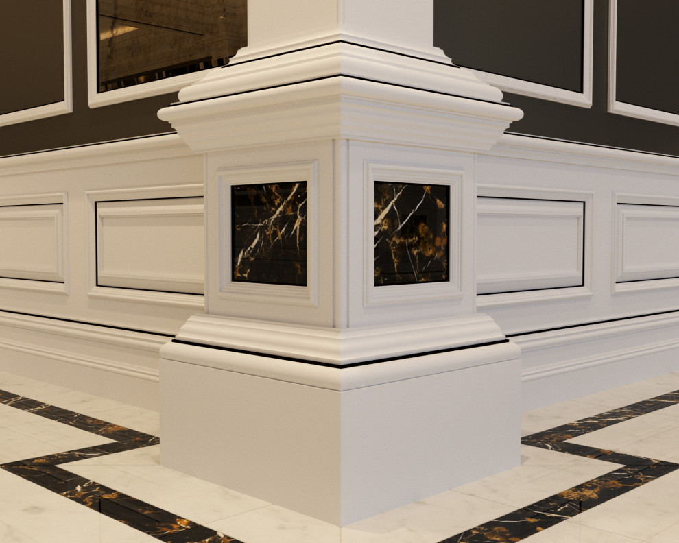 Cette photo montre un couloir avec un sol en marbre, un sol blanc, un plafond à caissons et du lambris.