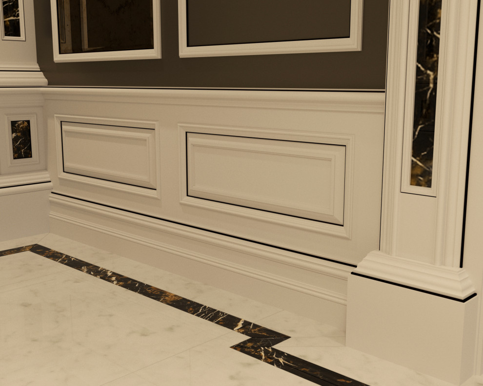 Idee per un ingresso o corridoio con pavimento in marmo, pavimento bianco, soffitto a cassettoni e pannellatura