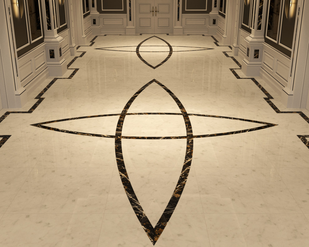 Esempio di un ingresso o corridoio classico con pavimento in marmo, pavimento bianco, soffitto a cassettoni e pannellatura