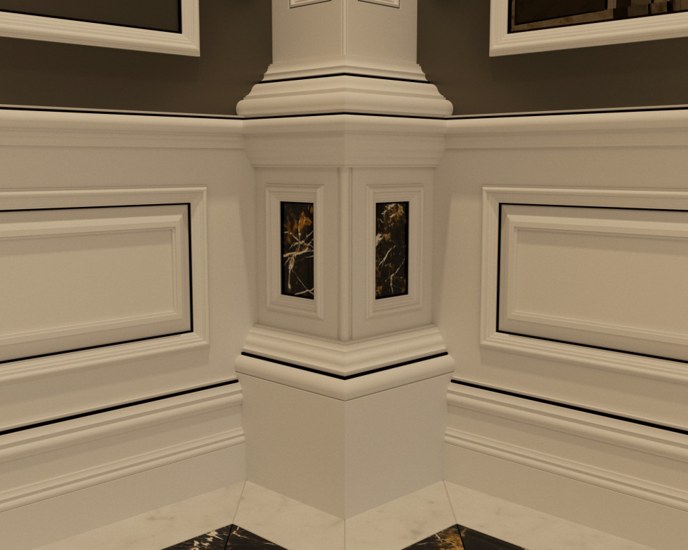 他の地域にあるトラディショナルスタイルのおしゃれな廊下 (大理石の床、白い床、格子天井、パネル壁) の写真