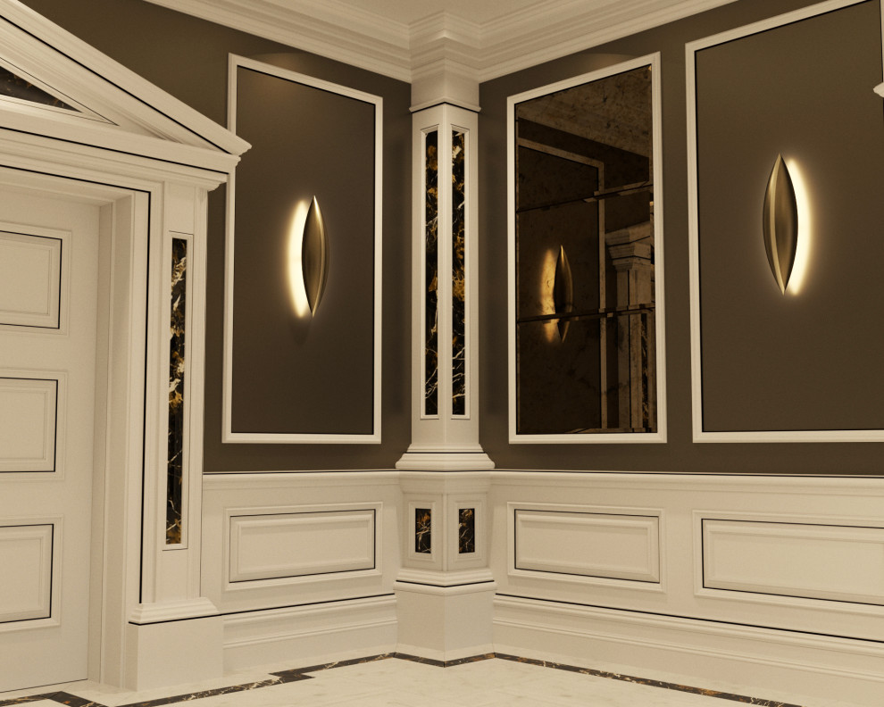 Idées déco pour un couloir avec un sol en marbre, un sol blanc, un plafond à caissons et du lambris.