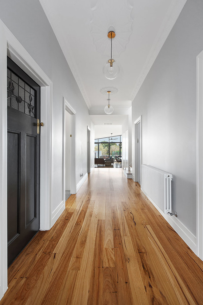 Ispirazione per un grande ingresso o corridoio contemporaneo con pareti grigie, pavimento in legno massello medio e pavimento marrone