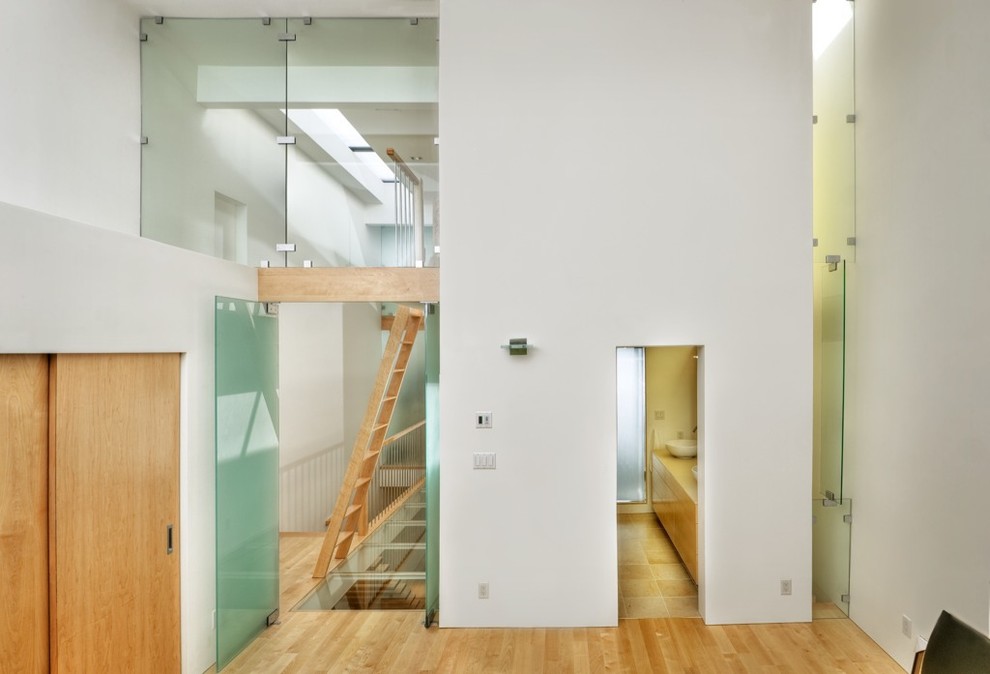Foto de recibidores y pasillos contemporáneos de tamaño medio con paredes blancas y suelo de madera en tonos medios