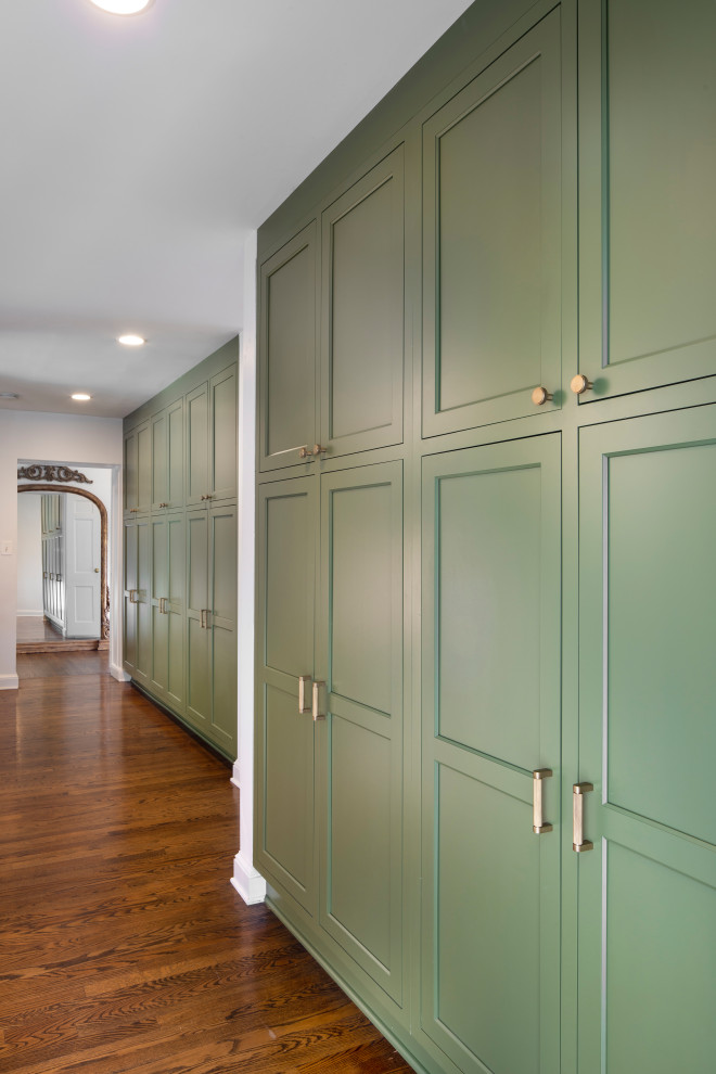 Источник вдохновения для домашнего уюта: коридор в современном стиле с зелеными стенами и темным паркетным полом