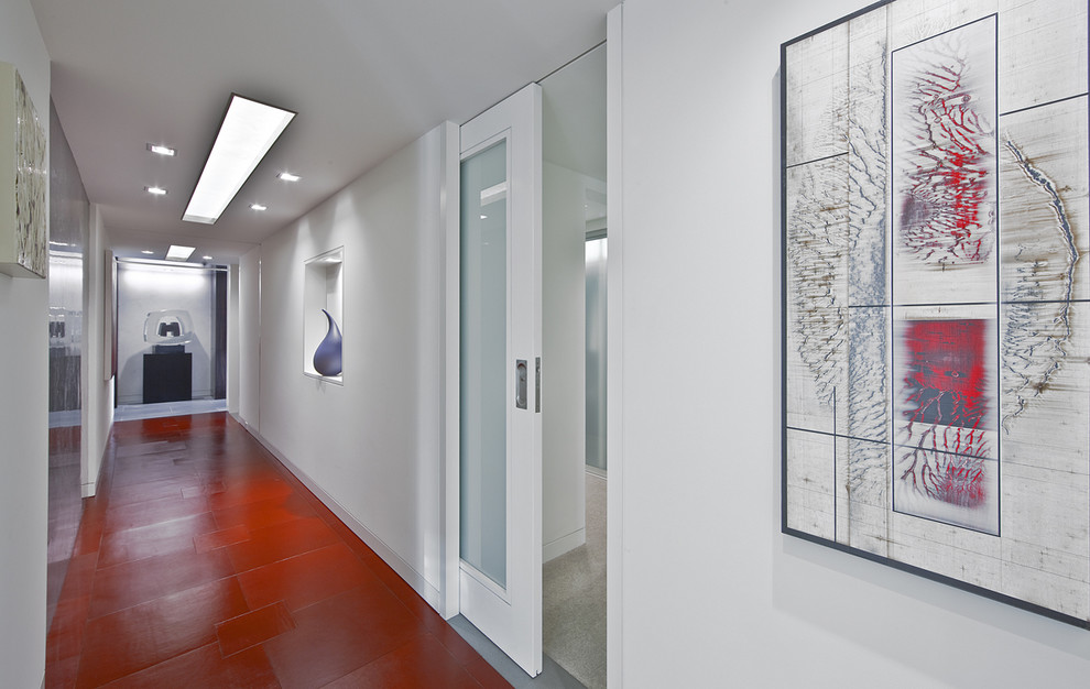 Cette image montre un couloir design de taille moyenne avec un mur blanc et un sol rouge.