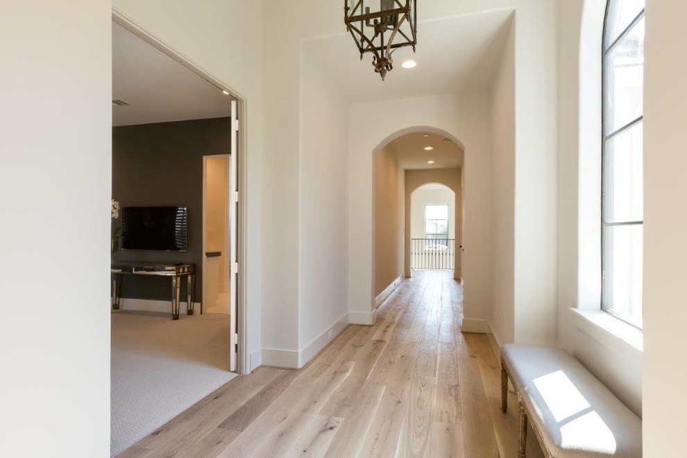 Inspiration for a contemporary light wood floor hallway remodel in Houston