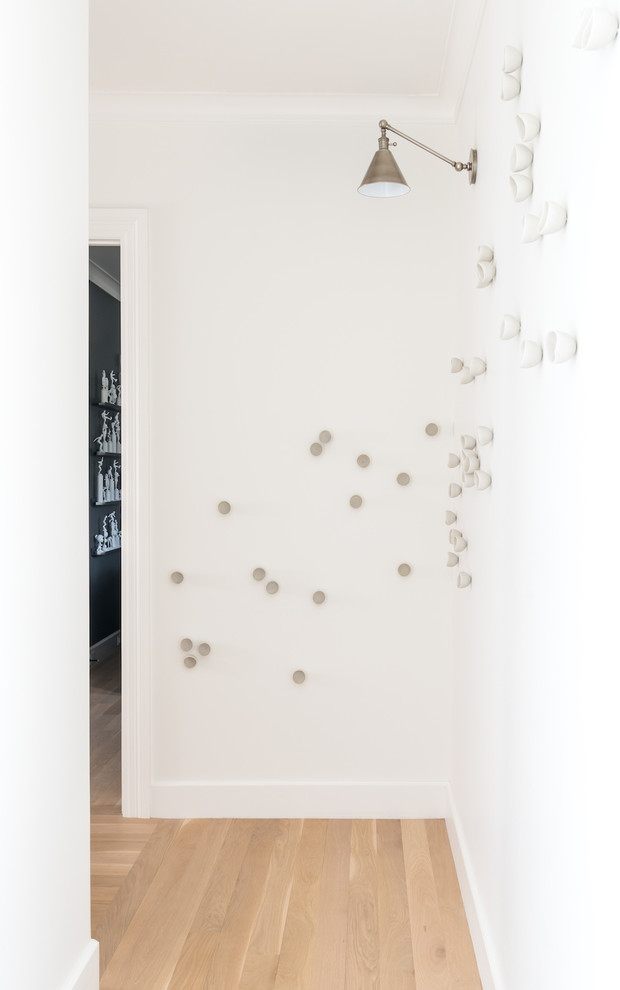 Cette photo montre un couloir avec un mur blanc et parquet clair.