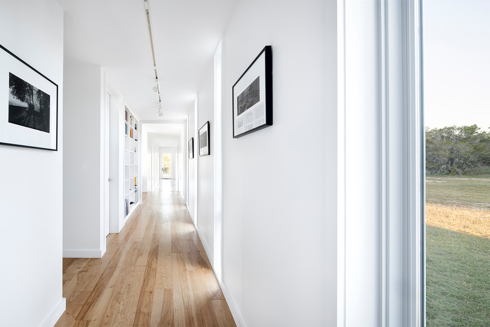 Imagen de recibidores y pasillos actuales de tamaño medio con paredes blancas, suelo de madera clara y suelo beige