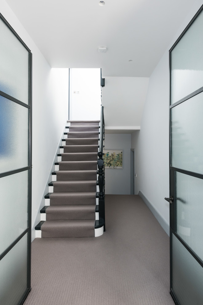 Idee per un grande ingresso o corridoio minimalista con pareti grigie, moquette e pavimento beige