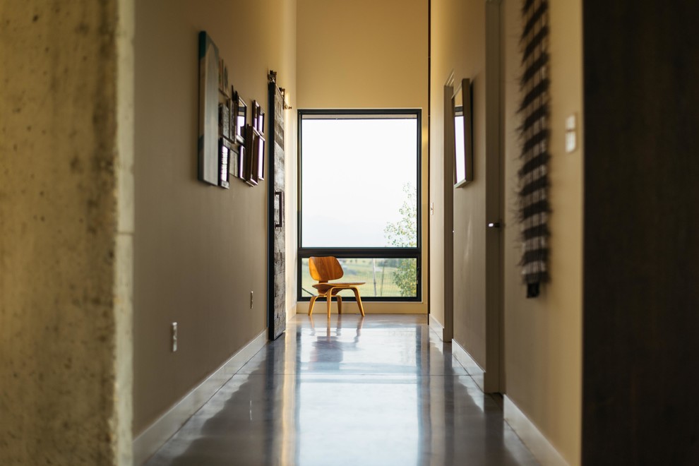 Стильный дизайн: коридор среднего размера в стиле модернизм с белыми стенами, бетонным полом и серым полом - последний тренд