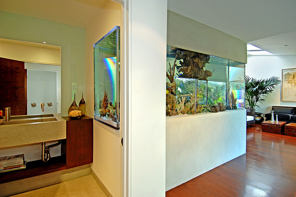 Foto de recibidores y pasillos modernos de tamaño medio con paredes beige y suelo de madera en tonos medios