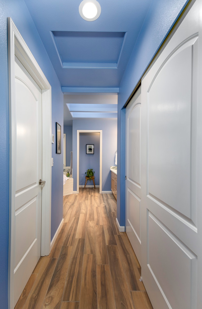 Modelo de recibidores y pasillos contemporáneos de tamaño medio con paredes azules y suelo de madera en tonos medios