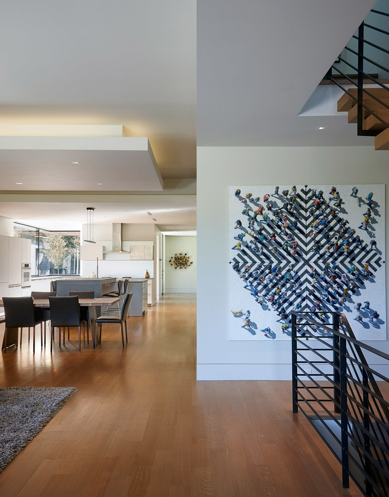 Источник вдохновения для домашнего уюта: коридор среднего размера в стиле модернизм с белыми стенами, паркетным полом среднего тона и коричневым полом