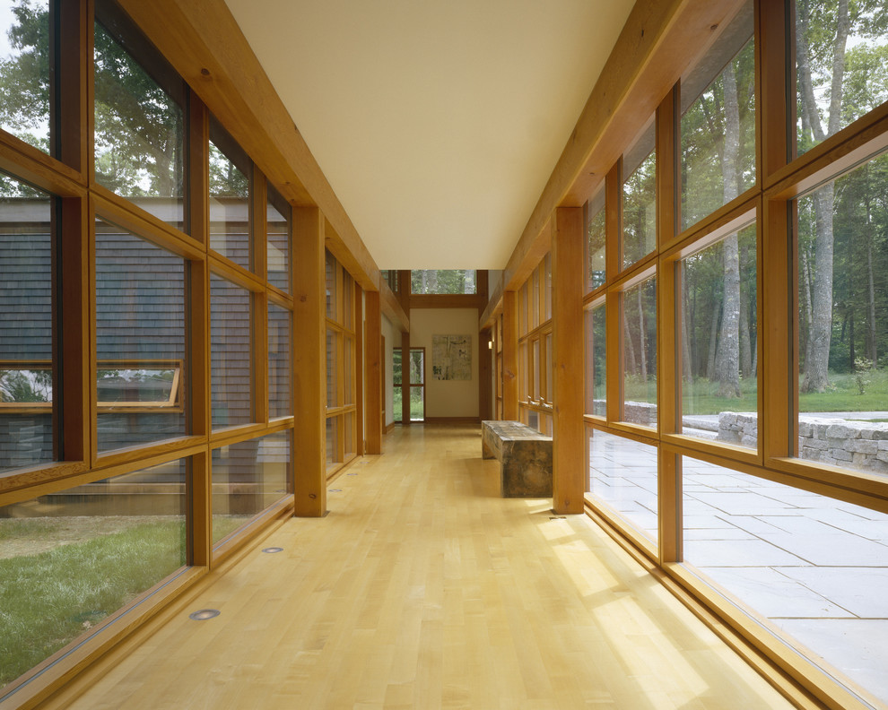 Ejemplo de recibidores y pasillos actuales con suelo de madera clara