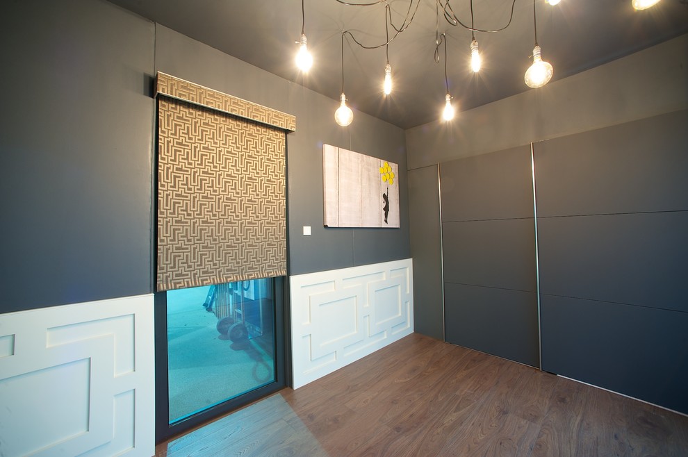 Ejemplo de recibidores y pasillos modernos de tamaño medio con paredes grises y suelo de madera en tonos medios