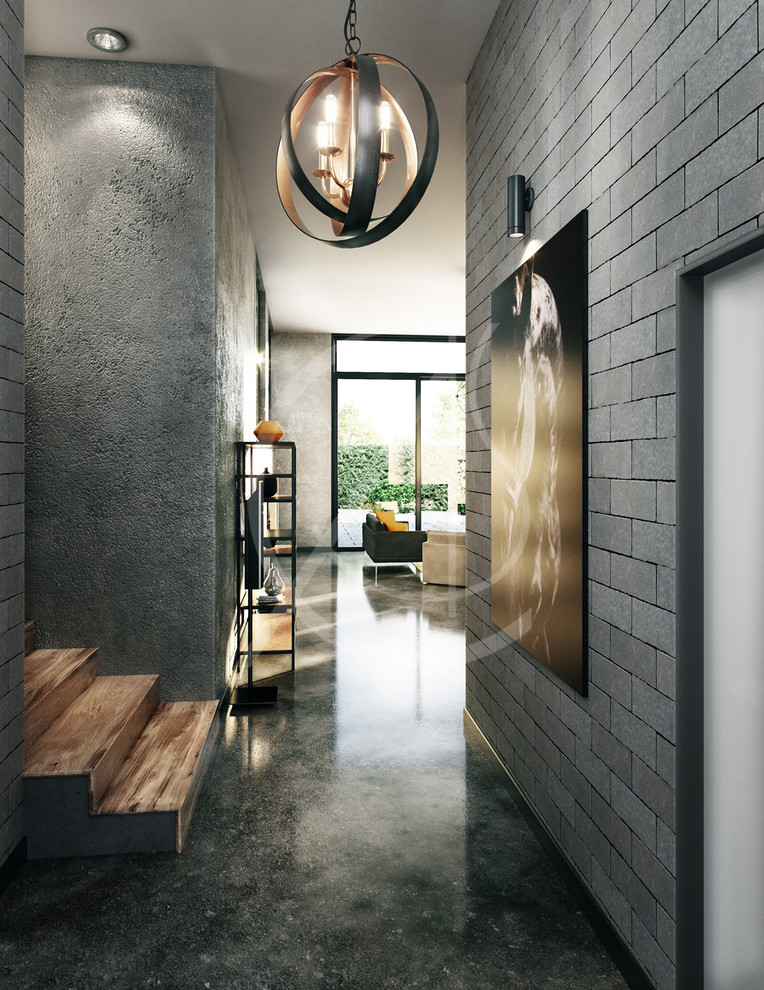 Стильный дизайн: коридор среднего размера в стиле лофт с серыми стенами, бетонным полом и серым полом - последний тренд