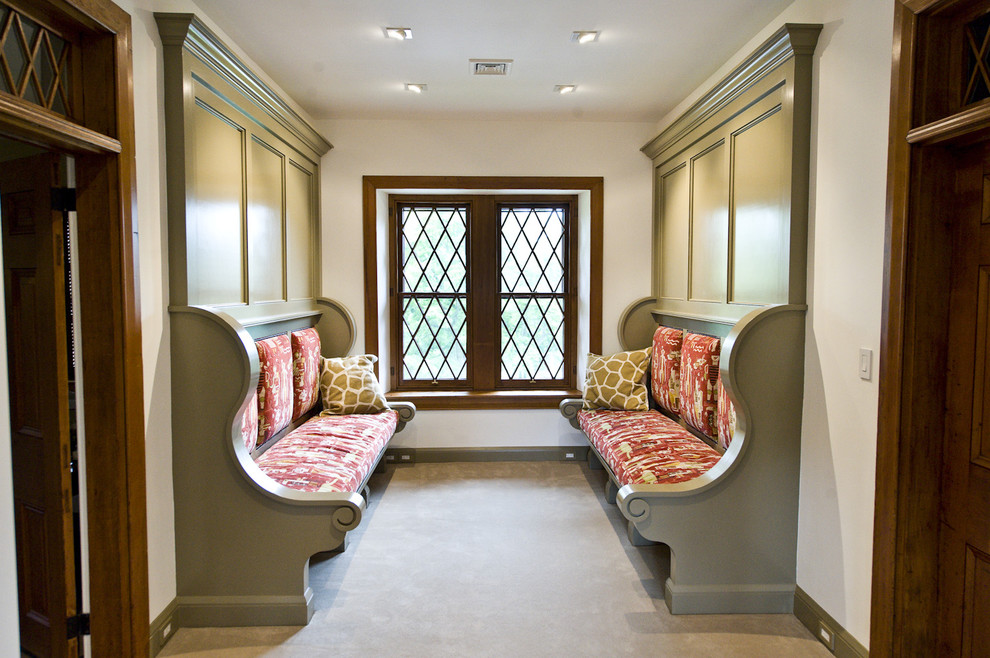Inspiration for a timeless carpeted and beige floor hallway remodel in Philadelphia with white walls