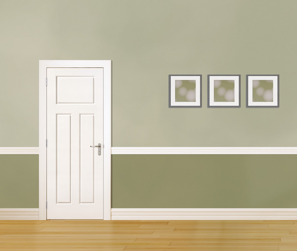 Hallway - modern light wood floor and yellow floor hallway idea in Orange County with green walls