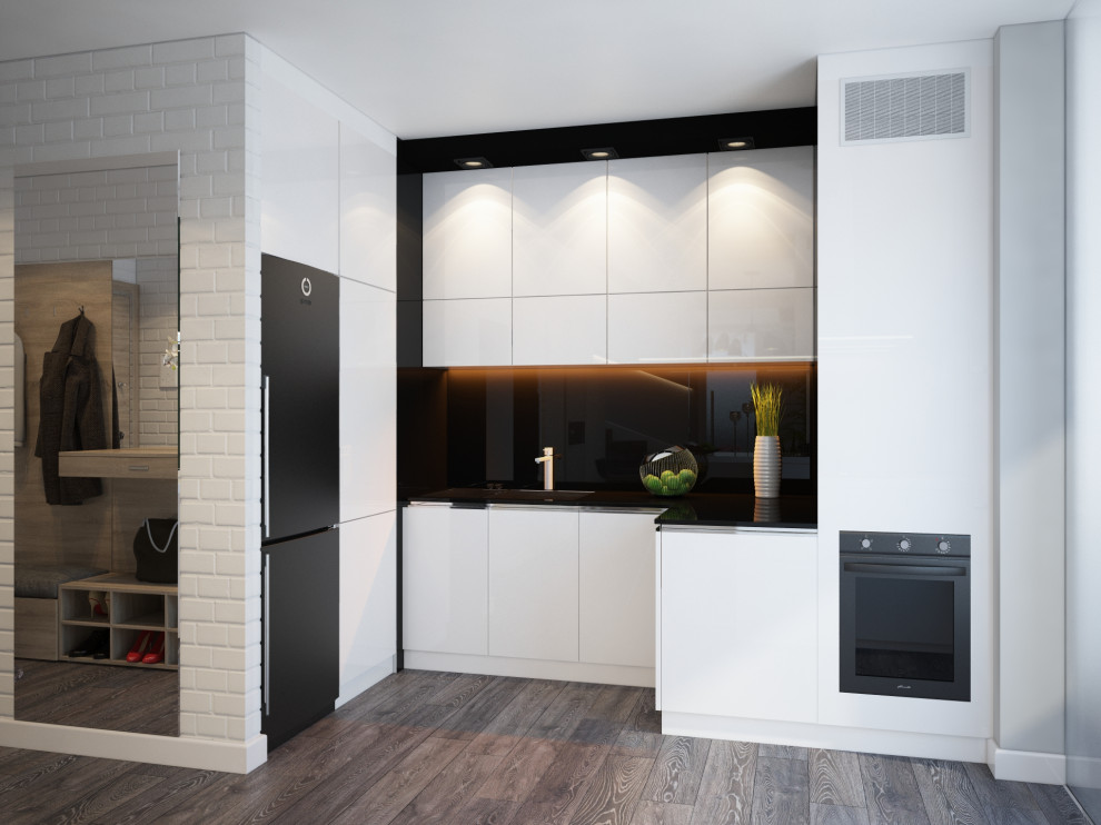 Immagine di una grande cucina minimalista con pavimento in laminato, pavimento marrone e soffitto a cassettoni