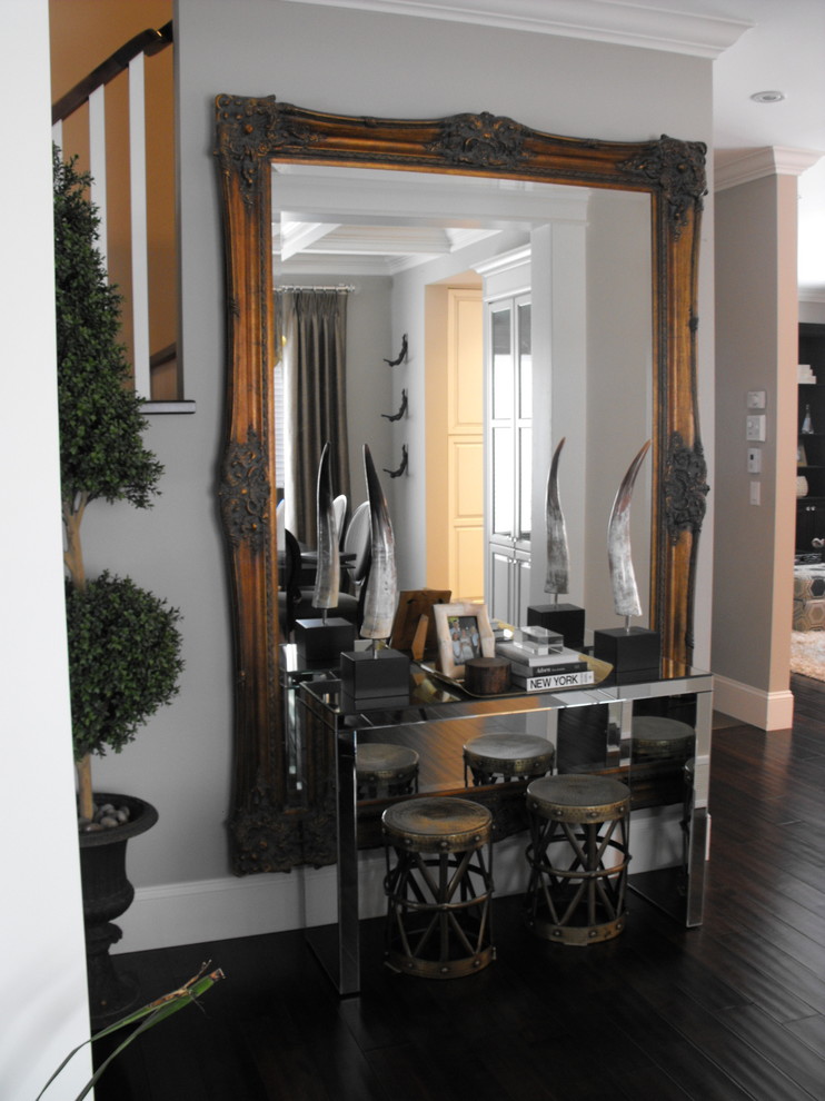 Example of a transitional dark wood floor hallway design in Other with gray walls