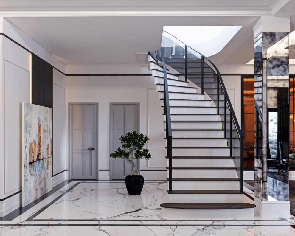 Immagine di un grande ingresso o corridoio design con pareti bianche, pavimento in marmo, pavimento bianco, travi a vista e pareti in legno