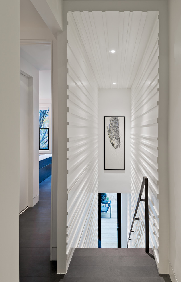 Ispirazione per un piccolo ingresso o corridoio contemporaneo con pareti bianche e parquet scuro