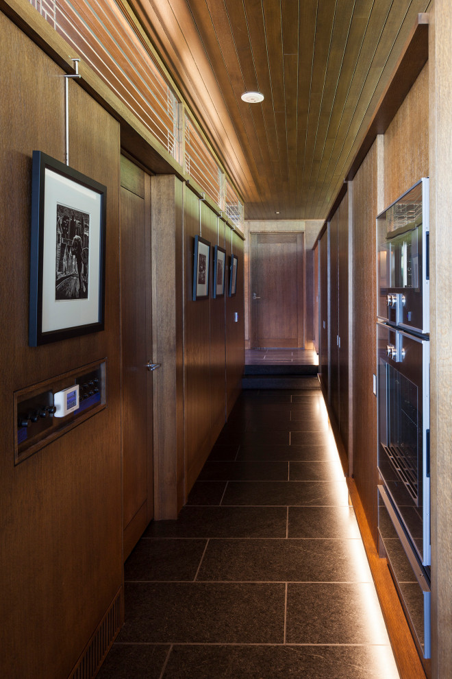 Immagine di un grande ingresso o corridoio moderno con pareti marroni e pavimento nero
