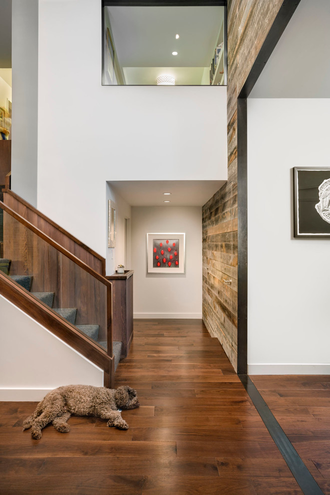 Example of a mid-sized trendy dark wood floor hallway design in New York with white walls