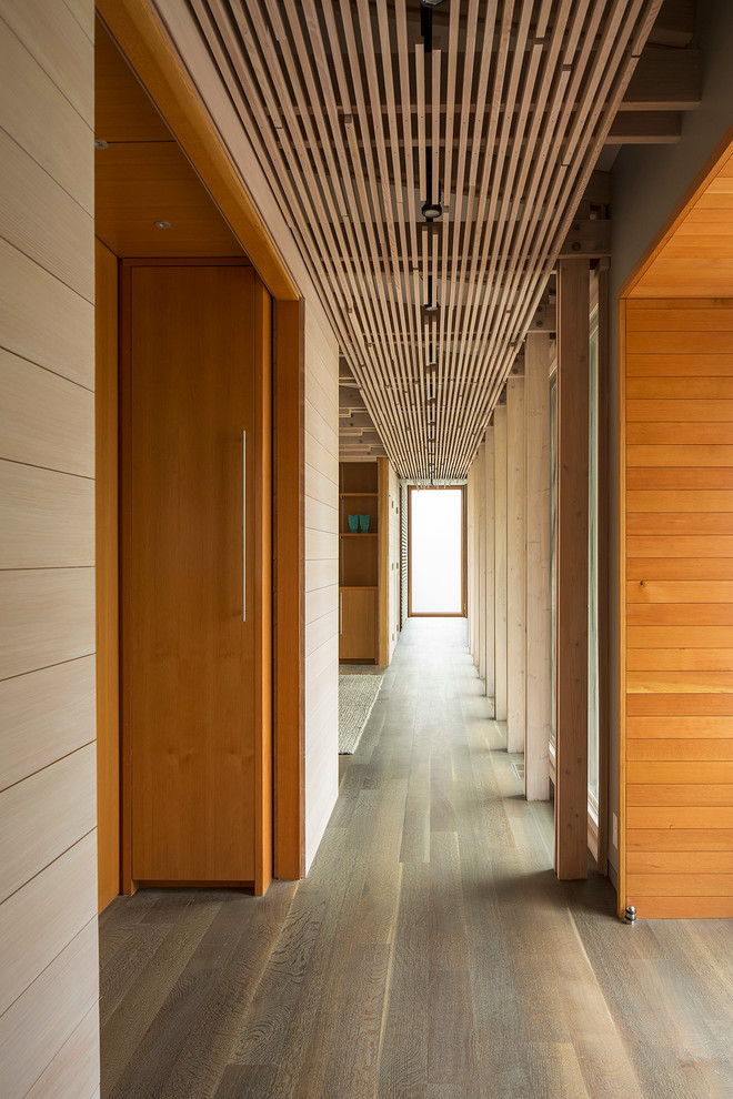 Idéer för en mellanstor modern hall, med ljust trägolv