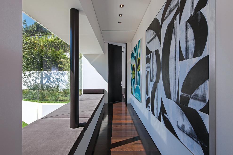 Свежая идея для дизайна: огромный коридор: освещение в стиле модернизм с белыми стенами, темным паркетным полом, коричневым полом и многоуровневым потолком - отличное фото интерьера