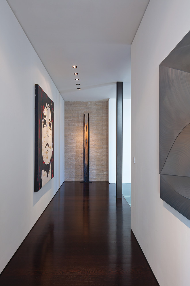 Ispirazione per un ampio ingresso o corridoio moderno con pareti bianche, pavimento marrone e soffitto ribassato